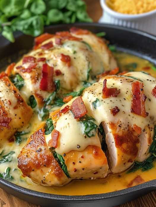 Hasselback Chicken with Spinach, Bacon, and Cheese (Parmesan, Mozzarella, Cream Cheese)