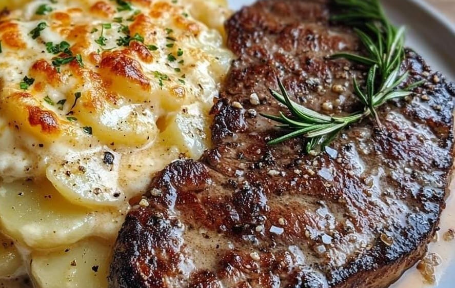 Perfect Ribeye Steak with Cheesy Scalloped Potatoes