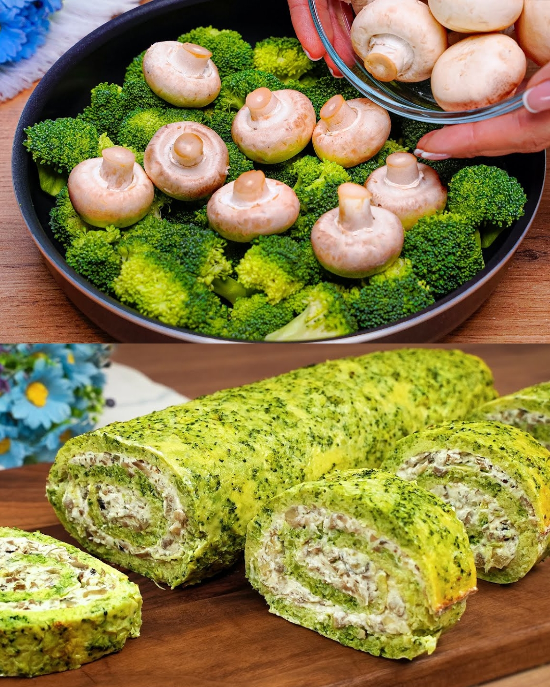 Ricotta roll with broccoli and mushrooms