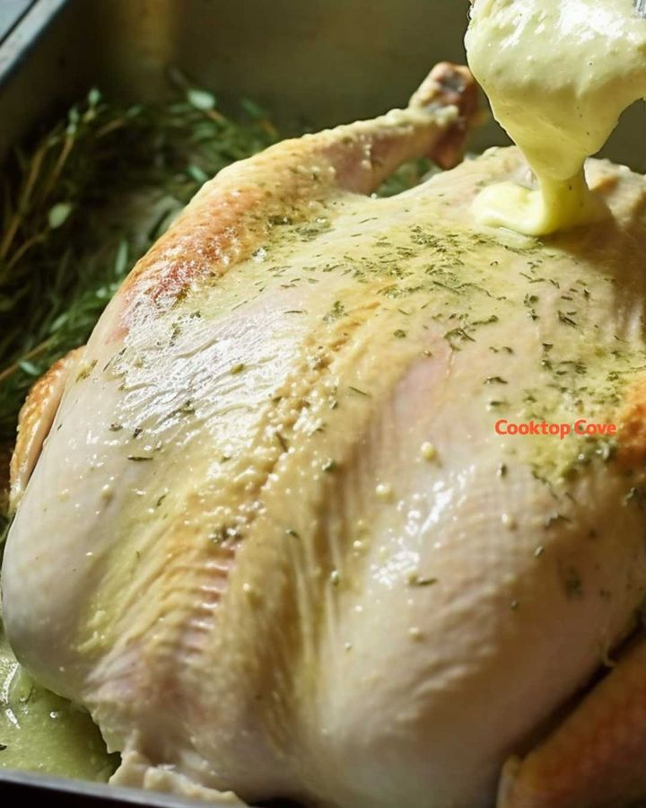 Mom rubs herb butter sauce over raw turkey, makes juiciest one yet