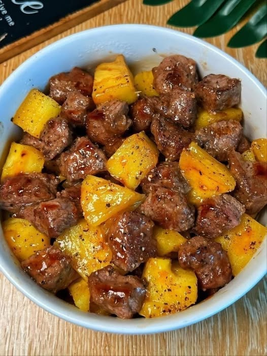 Steak bites and pineapple