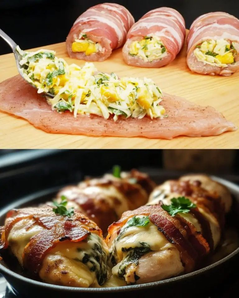 Chicken Breast Stuffed with Cheese and Spinach Wrapped in Bacon